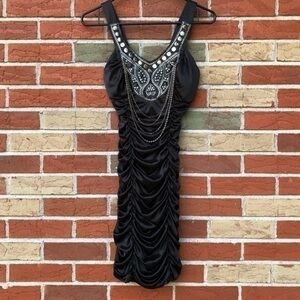 L.A.M.B. Embellished Silver Beaded Ruched V-neck Black Sleeveless Mini Dress 👗